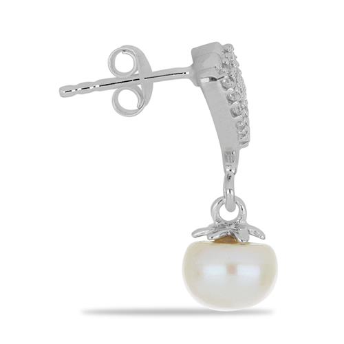 BUY NATURAL WHITE FRESHWATER PEARL & WHITE ZIRCON GEMSTONE EARRINGS IN STERLING SILVER 